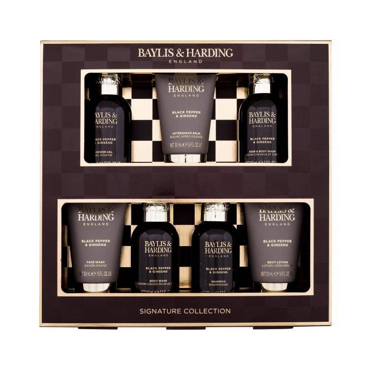 Baylis &amp; Harding For Him Black Pepper &amp; Ginseng Signature Collection Set cadou Gel de duș 2 x 100 ml + șampon 100 ml + gel de duș pentru corp și păr 100 ml + balsam după ras 50 ml + gel de curățare pentru față 50 ml + loțiune de corp 50 ml