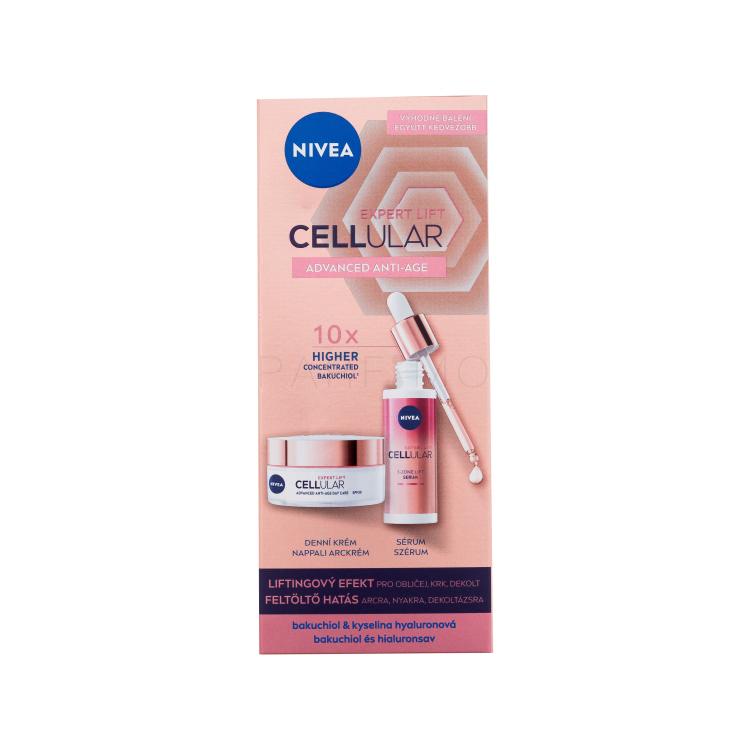 Nivea Cellular Expert Lift Advanced Anti-Age Set cadou Ser pentru ten Cellular Expert 3-Zone Lift Serum 30 ml + cremă de zi Cellular Expert Lift Advanced Anti-Age SPF30 50 ml Cutie cu defect