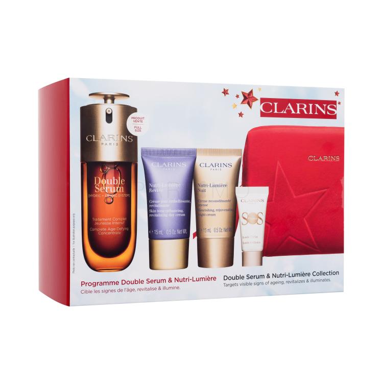 Clarins Double Serum &amp; Nutri-Lumière Collection Set cadou Ser pentru față Double Serum 50 ml + cremă de zi pentru față Nutri-Lumiere Revive 15 ml + cremă de noapte pentru față Nutri-Lumiere Nuit 15 ml + bază de machiaj SOS Primer 5 ml + trusă cosmetică roșie