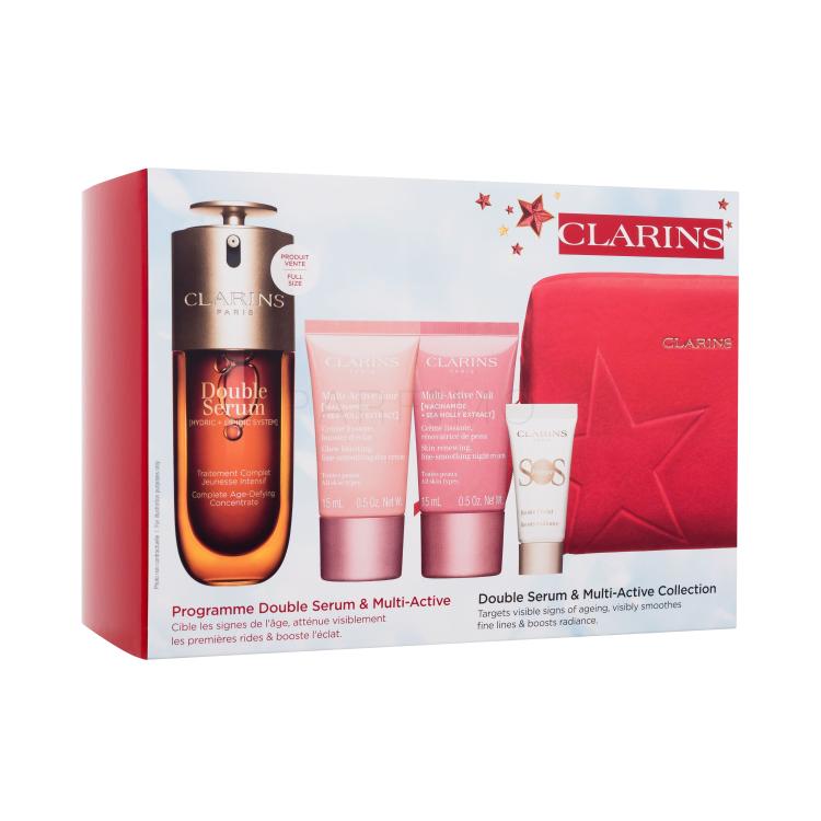 Clarins Double Serum &amp; Multi-Active Collection Set cadou Ser pentru față Double Serum 50 ml + cremă de zi pentru față Multi-Active Jour 15 ml + cremă de noapte pentru față Multi-Active Nuit 15 ml + bază de machiaj SOS Primer 5 ml + trusă cosmetică roșie