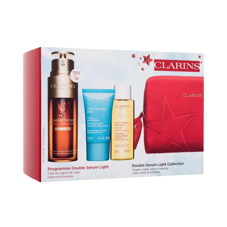 Clarins Double Serum Light Collection Set cadou Ser pentru față Double Serum Light Texture 50 ml + cremă pentru față Hydra-Essentiel Silky Cream 15 ml + tonic hidratant Hydrating Toning Lotion 50 ml + trusă cosmetică roșie