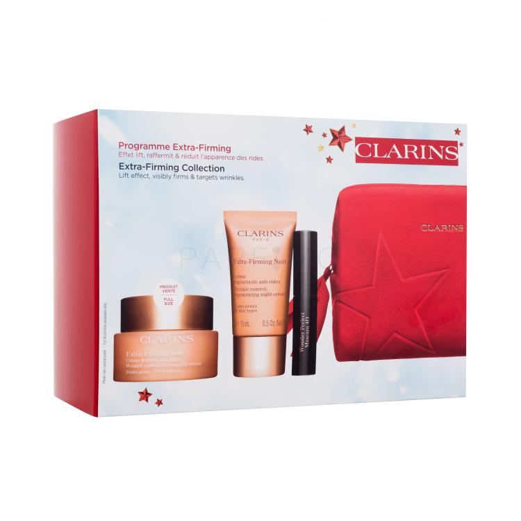 Clarins Extra-Firming Collection Set cadou Cremă de zi Extra-Firming Jour 50 ml + cremă de noapte Extra-Firming Nuit 15 ml + rimel Wonder Perfect Mascara 4D 3 ml 01 Perfect Black + ser facial Double Serum 0,9 ml + trusă cosmetică roșie.