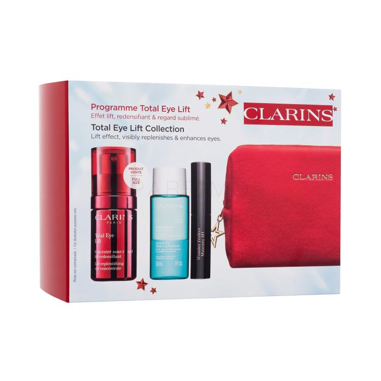 Clarins Total Eye Lift Collection Set cadou Cremă pentru ochi Total Eye Lift 15 ml + demachiant pentru ochi Instant Eye Make-Up Remover 30 ml + rimel Wonder Perfect Mascara 4D 3 ml 01 Perfect Black + trusă cosmetică roșie