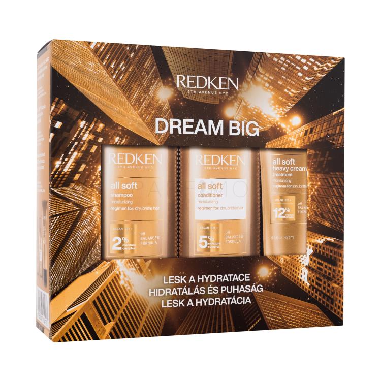 Redken All Soft Dream Big Set cadou Șampon All Soft 300 ml + balsam All Soft 300 ml + mască de păr All Soft Heavy Cream Treatment 250 ml Cutie cu defect