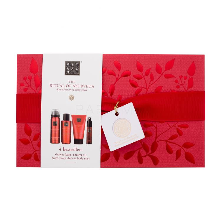 Rituals The Ritual Of Ayurveda Gift Set Set cadou Spumă de duș The Ritual Of Ayurveda Harmonizing Foaming Shower Gel 50 ml + ulei de duș The Ritual Of Ayurveda Ultra Nourishing Shower Oil 75 ml + cremă de corp The Ritual Of Ayurveda Balancing Body Cream 70 ml + spray pentru corp și păr The Ritual Of