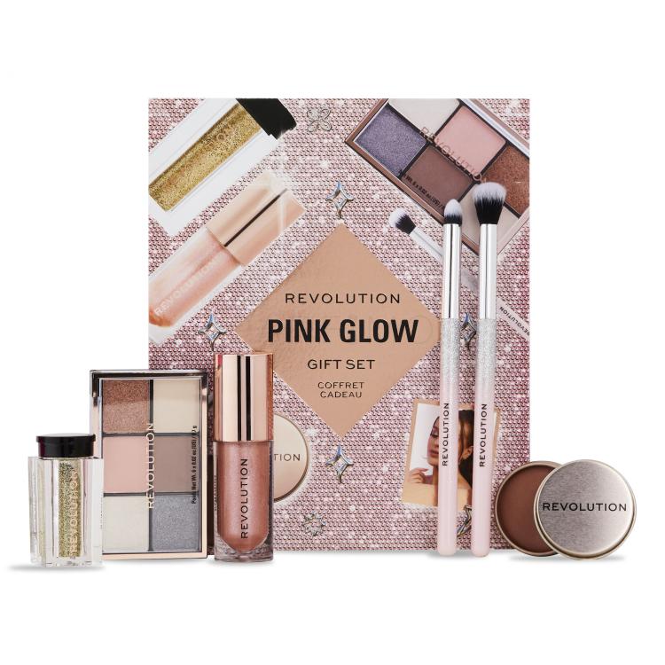 Makeup Revolution London Pink Glow Gift Set Set cadou Paletă de farduri Mini Reloaded Palette 4,2 g + luciu de buze Shimmer Bomb 4,5 ml Glimmer Nude + sclipici pentru corp Viva Loose Body Glitter 3 g Partaay Gold + balsam multifuncțional pentru obraji, ochi și buze Balm Glow 8,2 g Natural Nude + set