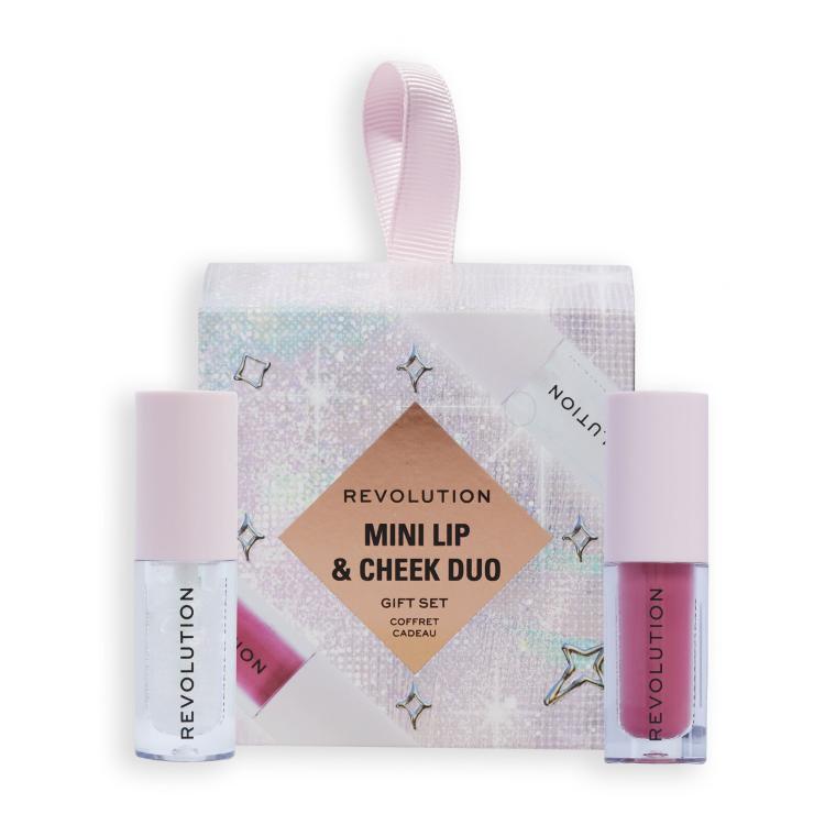 Makeup Revolution London Mini Lip &amp; Cheek Duo Set cadou Luciu de buze Shimmer Bomb 1,4 ml White Shimmer + blush lichid Blush Bomb 1,4 ml Cute Pink