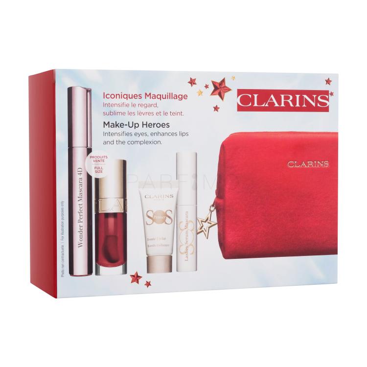 Clarins Make-up Heroes Set cadou Rimel Wonder Perfect Mascara 4D 8 ml + ulei de buze Lip Comfort Oil 7 ml 03 Cherry + bază de machiaj SOS Primer White 5 ml + bază și ser SOS Lashes Serum Mascara 3 ml + trusă cosmetică