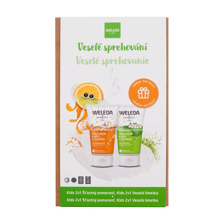 Weleda Kids Happy Shower Set cadou Șampon și gel de duș Happy Orange 2in1 150 ml + șampon și gel de duș Lively Lime 2in1 150 ml Cutie cu defect