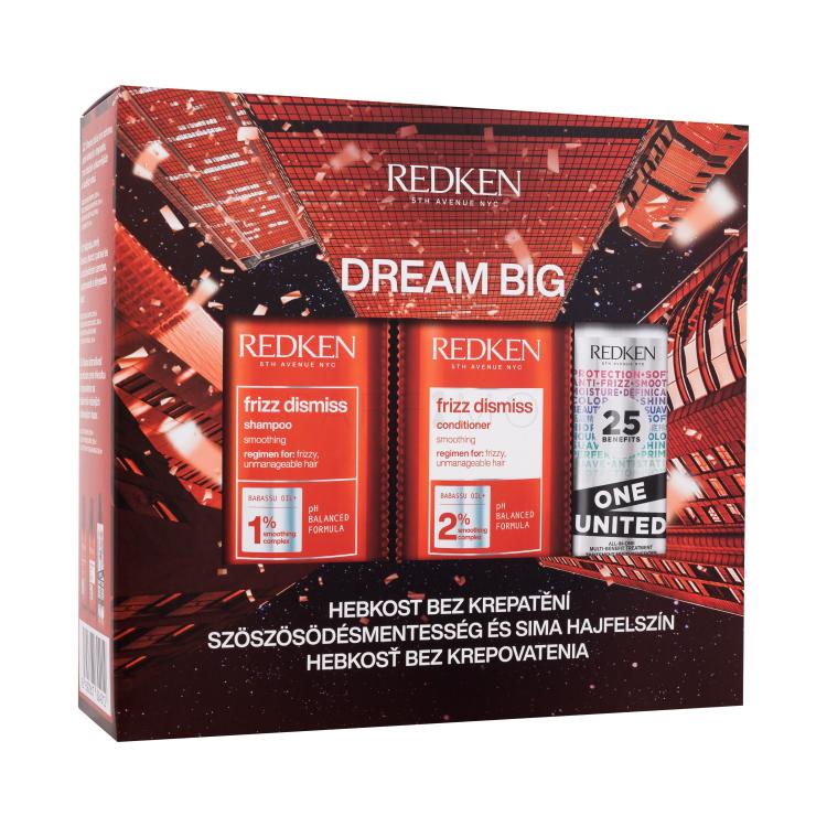 Redken Frizz Dismiss Dream Big Set cadou Șampon Frizz Dismiss 300 ml + balsam Frizz Dismiss 300 ml + tratament pentru păr One United All-In-One Multi-Benefit Treatment 150 ml Cutie cu defect