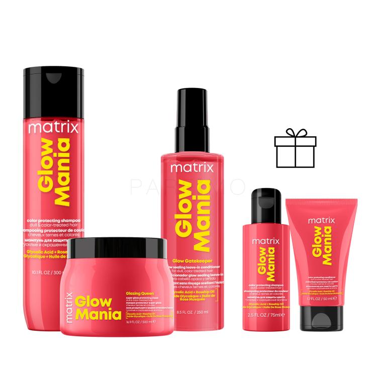 Set Șampon Matrix Glow Mania Shampoo + Mască de păr Matrix Glow Mania Glazing Queen Mask + Fără clătire Matrix Glow Mania Glow Gatekeeper Leave-In Conditioner + Șampon Matrix Glow Mania Shampoo + Balsam de păr Matrix Glow Mania Conditioner