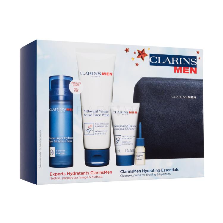 Clarins Men Hydrating Essentials Set cadou Balsam pentru față Super Moisture Balm 50 ml + gel de curățare Active Face Wash 125 ml + gel de duș Shampoo &amp; Shower 30 ml + ulei pentru bărbierit și barbă Shave &amp; Beard Oil 3 ml + geantă cosmetică Cutie cu defect