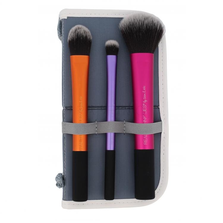 Real Techniques Brushes Travel Essentials Set cadou Pensula pentru fond de ten 1 buc + Pensula pentru fard de pleoape 1 buc + Pensula pentru Pudra, Fard de obraz si pudra bronzanta 1 buc + Étui