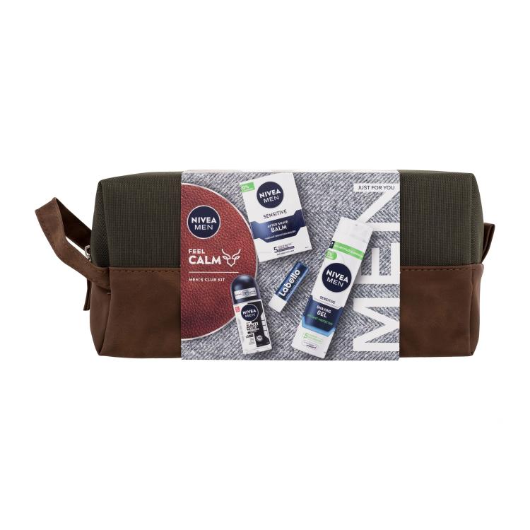 Nivea Men Sensitive Feel Calm Set cadou Balsam după ras 100 ml + Gel de bărbierit 200 ml  + Roll-on Black &amp; White Invisible 50 ml + Labello Active Balsam pentru buze 4,8 g + Geantă cosmetică