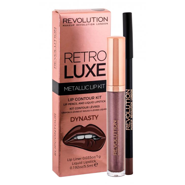 Makeup Revolution London Retro Luxe Metallic Lip Kit Set cadou Ruj de buze liquide 5,5 ml +Creion contur de buze 1 g