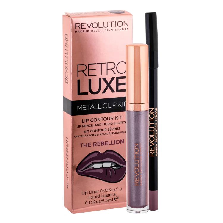 Makeup Revolution London Retro Luxe Metallic Lip Kit Set cadou Ruj de buze liquide 5,5 ml +Creion contur de buze 1 g