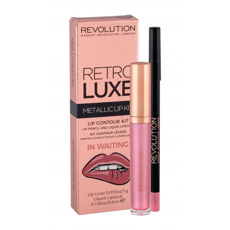 Makeup Revolution London Retro Luxe Metallic Lip Kit Set cadou Ruj de buze lichid  5,5 ml + creion contur de buze 1 g