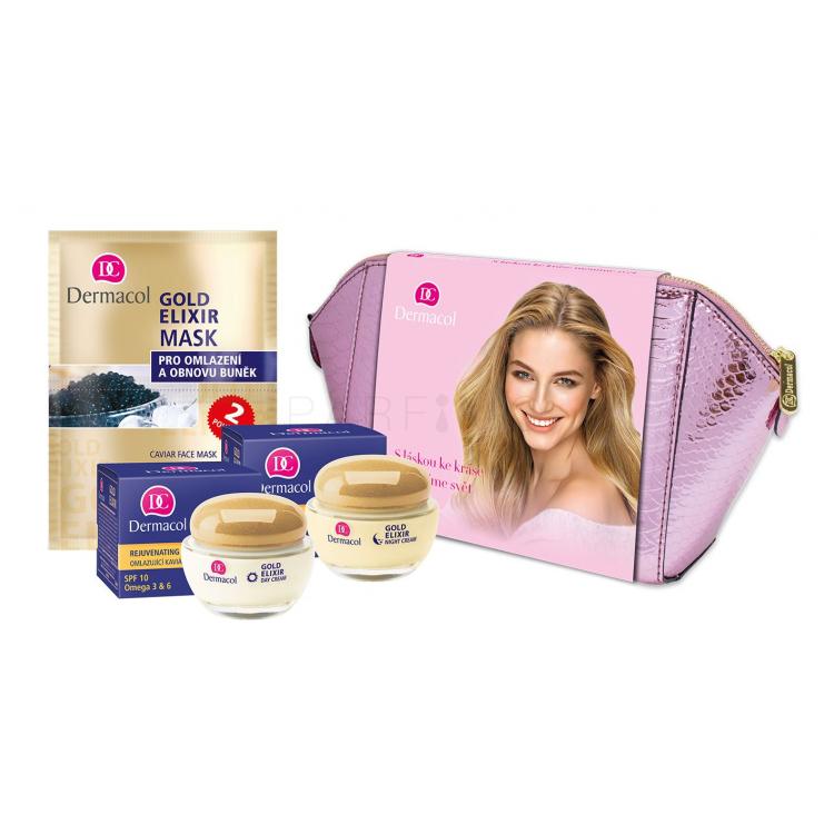 Dermacol Gold Elixir Set cadou cremă de zi SPF10 50 ml + crema de noapte 50 ml + mască faciala 2 x 8 g + geantă cosmetică